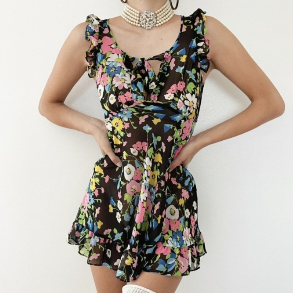 Betsey Johnson 2000's Sheer Black Floral Lace Tied Bow Mini Slip Dress (size S)